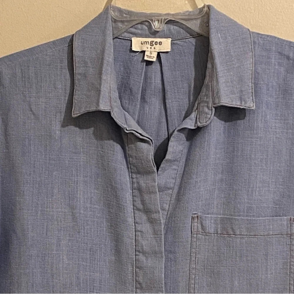 UMGEE DENIM Lightweight Wash Denim Shirt Cap Sleeves~Frayed Edges~Size S - Picture 2 of 11